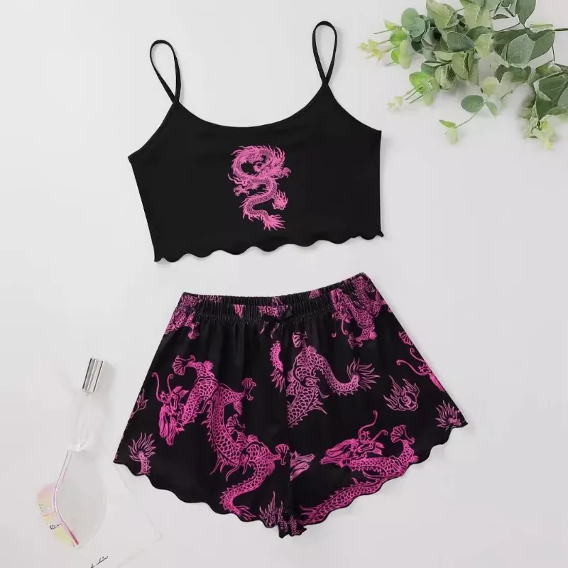 Sexy Nightwear Women Printed Dragon Vest Halter Top Shorts Leopard Print Pajamas Homewear Suit Ladies Sleepwear Loungewear