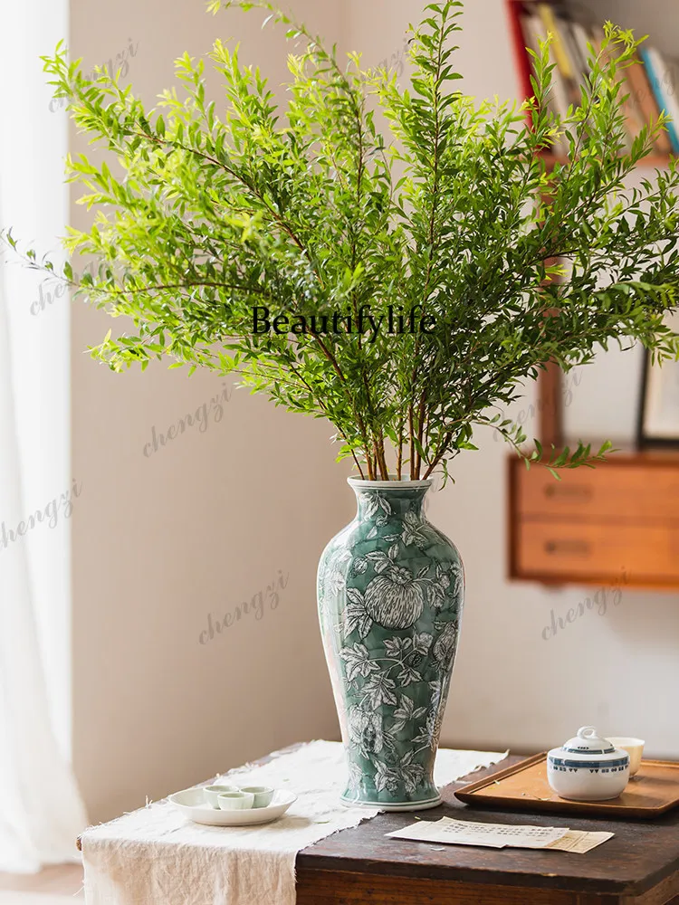 Retro emerald green vase hand-painted underglaze color high temperature ceramic entrance decorative ornament
