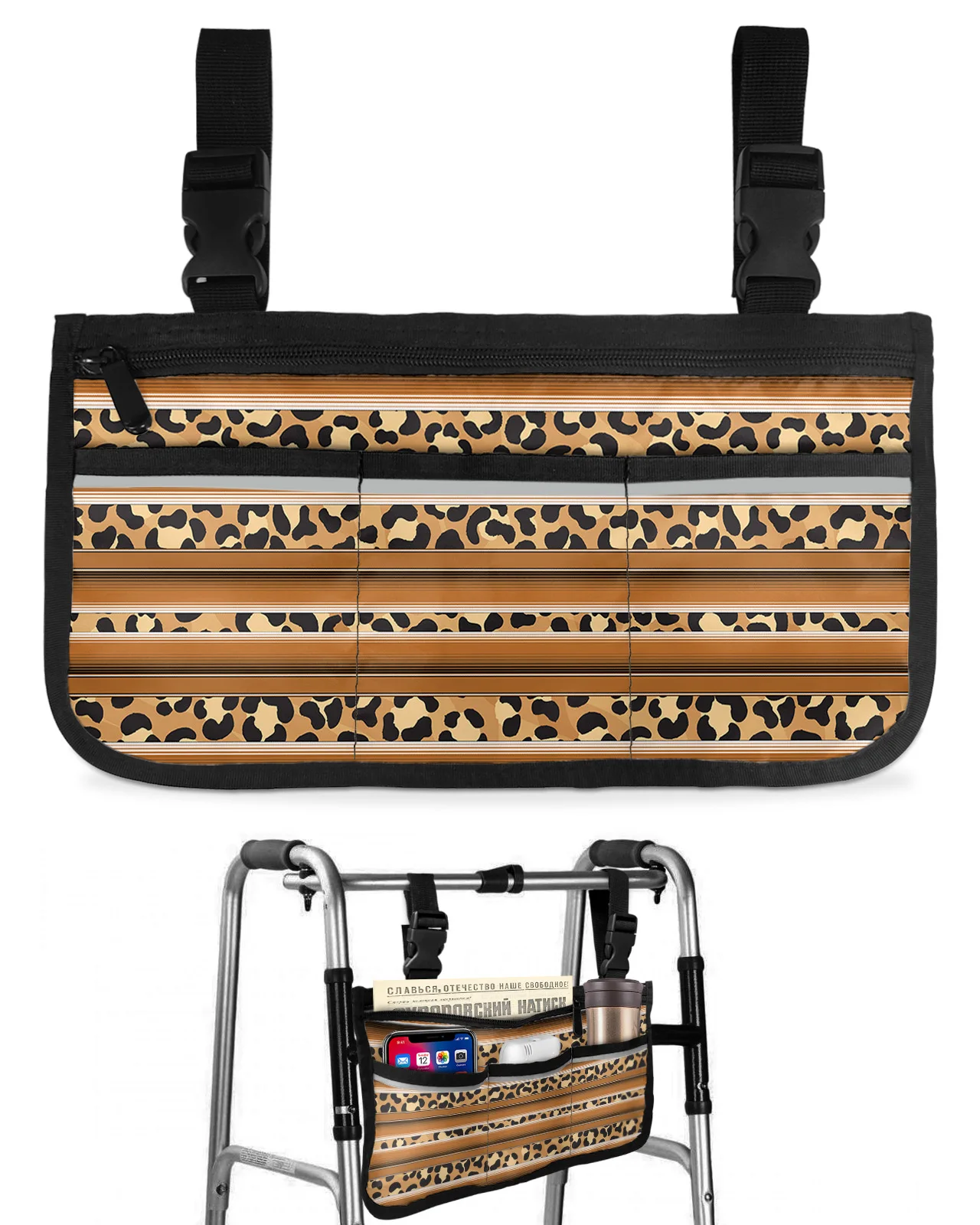 Mexico Stripes Leopard Print Animal Skin Texture Brown Wheelchair Bag Armrest  Side Bags Electric Scooter Storage Pouch