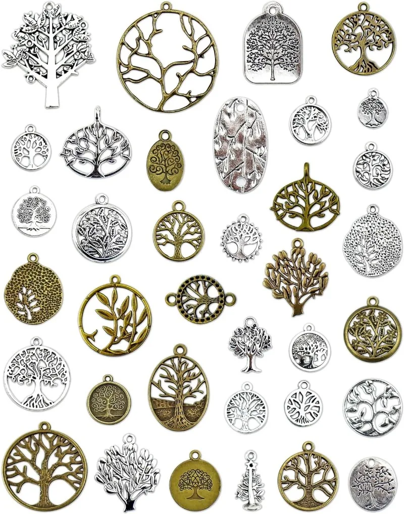 35 PCS Mixed Tree of Life Charms Pendents DIY for Necklace Bracelet Jewelry Making and Crafting, Antique Silver&Bronze Tones