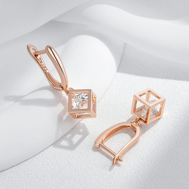 Kinel Hot Simple Hollow Square Dangle Earrings For Women 585 Rose Gold Color Natural Zircon Accessories Daily Fine Jewelry