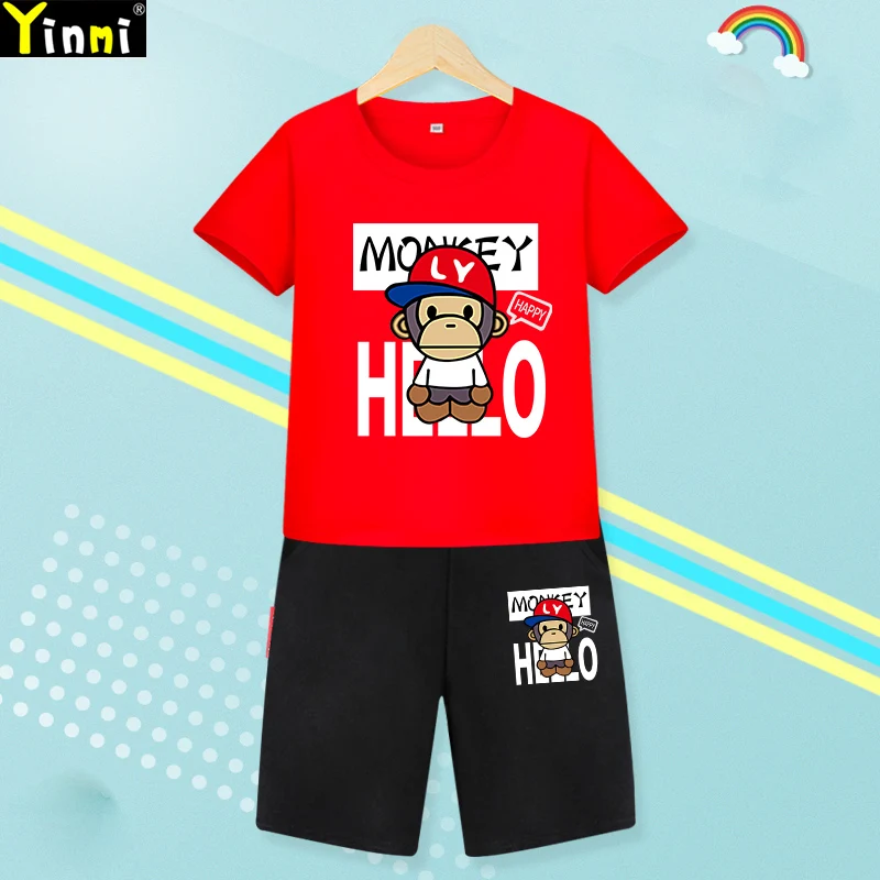 Boys and girls summer suit 2024 new cotton summer suit children's short-sleeved little boy handsome thin shorts two-piece set