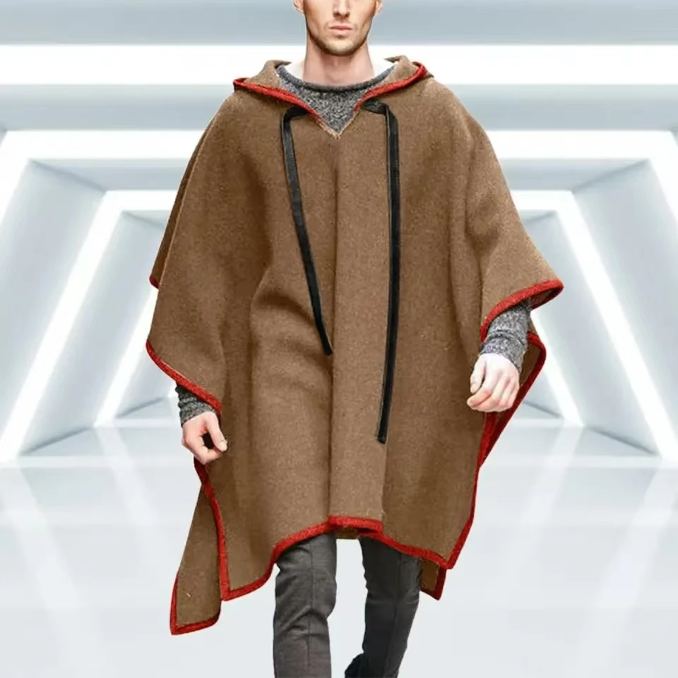 

2024 Vintage Poncho Men Oversized Hooded Irregular Cape Shawl Fashion Punk Male Outerwear Coats Cloak Woollen Blends Pullovers