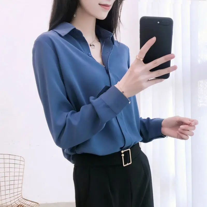 Chiffon Shirt Women Early Autumn New Loose Korean Style Long-sleeved Versatile Temperament Slim Outer Wear Professional Blue