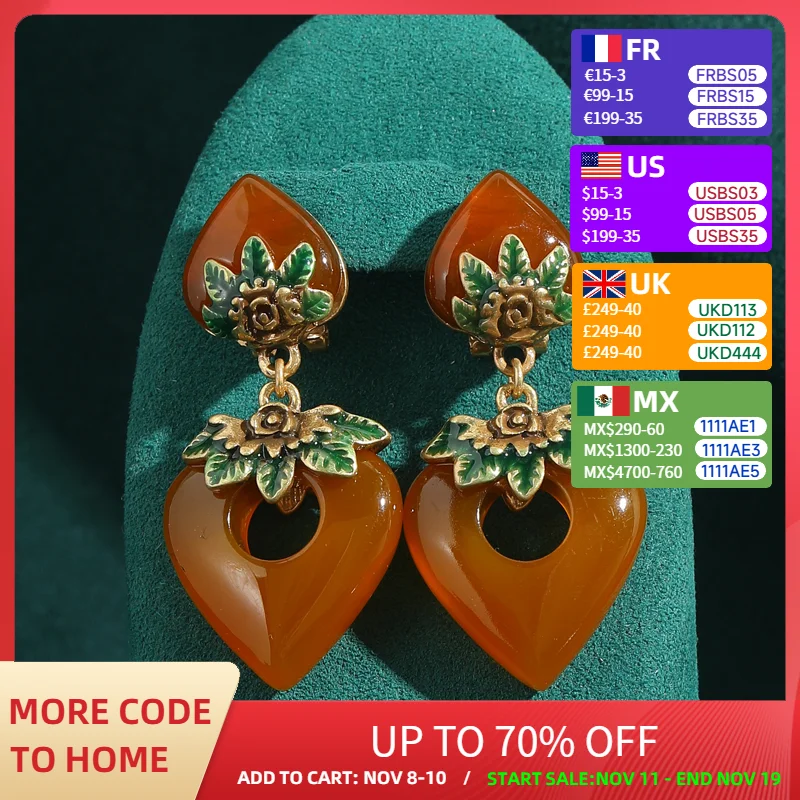 

Vintage Amber Heart Drop Dangle Earring Charm Pendant Antique For Women Gold Color Rhinestones Leaf Luxury Designer Jewelry 2025