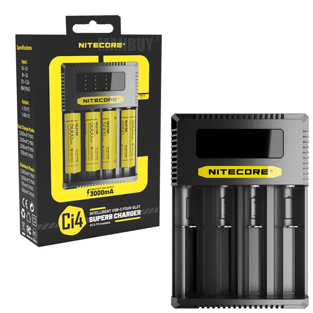 Genuine Nitecore Ci4 Four-Slots USB-C Smart Charger for Li-ion Ni-Cd NiMH Batteries 18650 14500 CR123A 16340 26500 18350 AA AAA