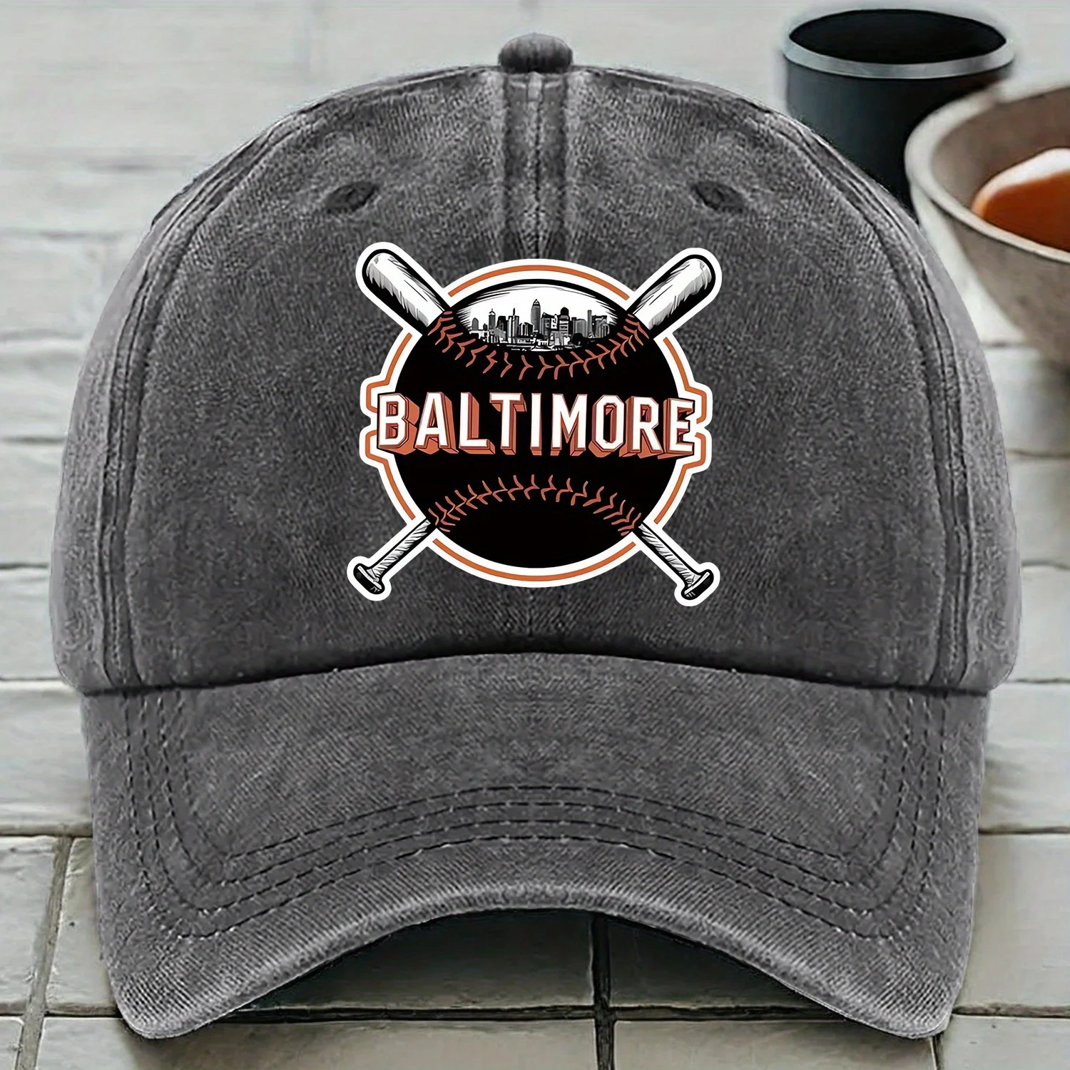 

Baltimore Baseball Cap with Print Logo - Adjustable, Lightweight & Breathable Polyester Hat for Women, Gray with Orange Accents