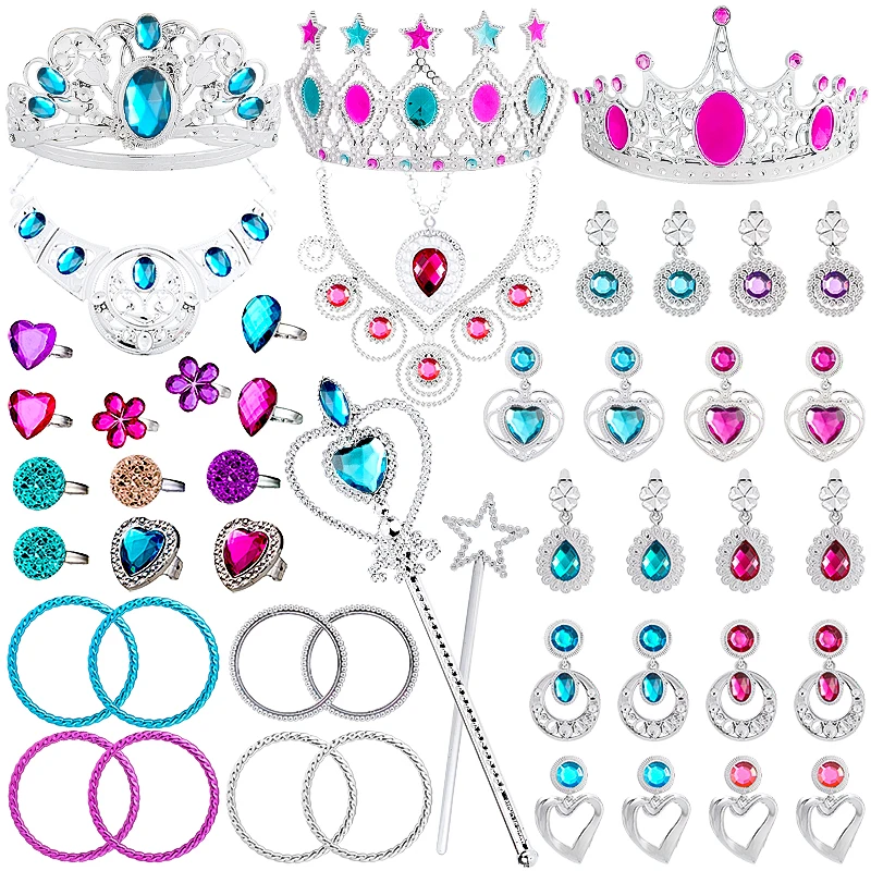 48Pcs Princess Pretend Jewelry Toy Kit Crowns Necklaces Wands Earring Bracelets Cosplay Girls Favor Party Dress Up Gift for Kids