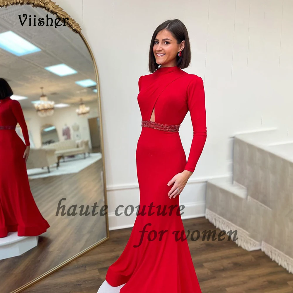 

Red Satin Mermaid Prom Dresses Long Sleeve High Neck Beaded Belt Cutout Sexy Bodycon Evening Party Dress Floor Length