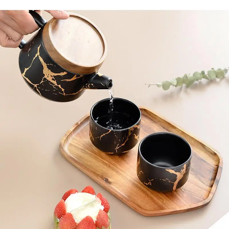 4pcs/sets Marbling Afternoon Tea Set Black Cup Teapot Dessert Tray Ceramics Couple Mug Teaware Sets Kithenware Supplies