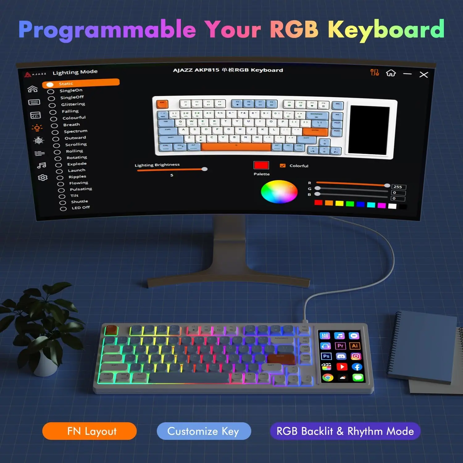 Ajazz AKP815 Wired Gaming Mechanical Keyboard RGB 81 Keys Touch Pad Color Screen Gamer Custom Keyboard Gasket for Pc Laptop