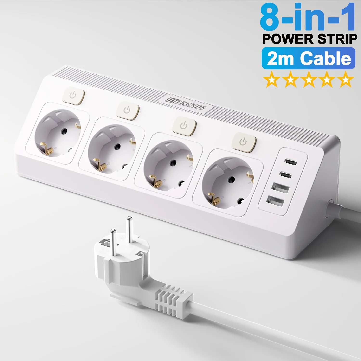 

8-in-1 Power Strip with 4 EU Plug-Outlets, 2 USB-A & 2 USB-C Ports, 2M Cord, Individual Control for Home and Office