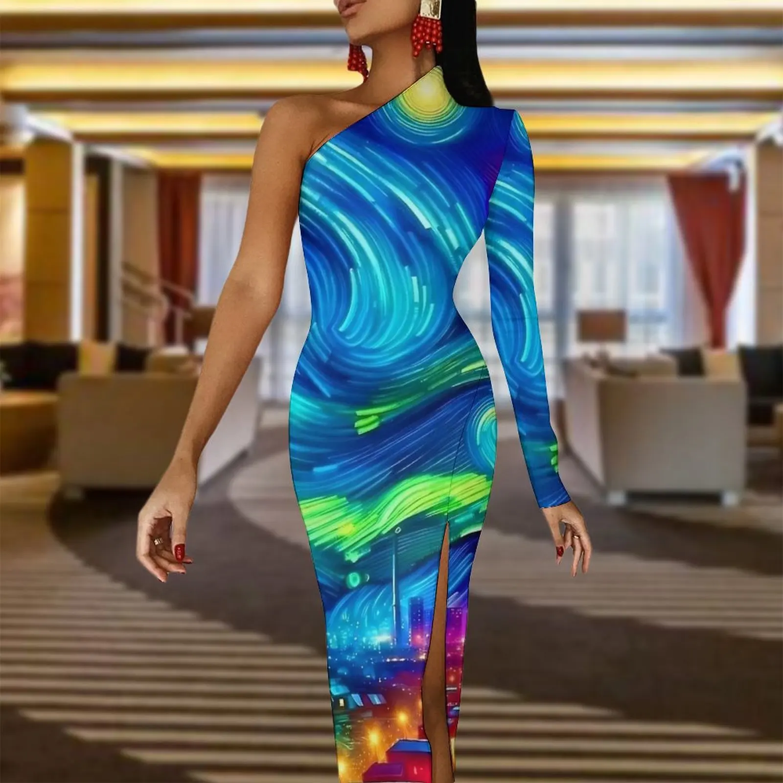 Colorful Starry Night Print Maxi Dress Long Sleeve  Club Bodycon Dress Summer Aesthetic Long Dresses Female Design Vestido