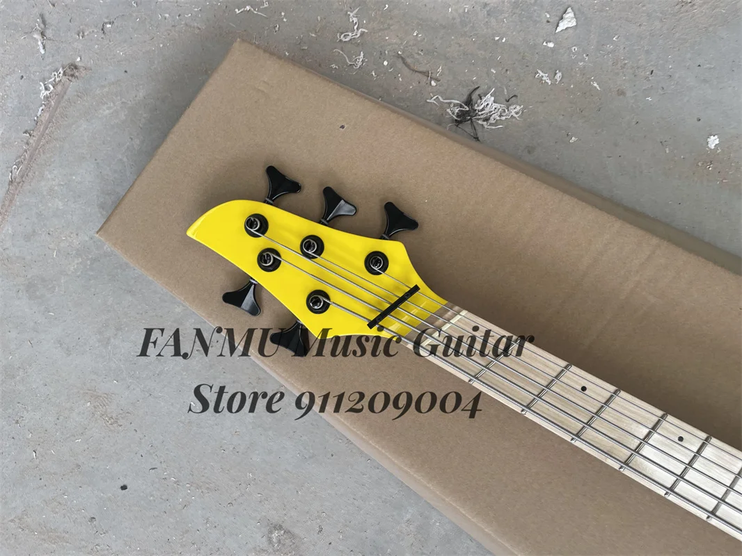 5 Strings Yellow Electric Bass Guitar DingW Bass Maple Fingerboard Fan Frets Black Bridge Active Battery Mini Switch