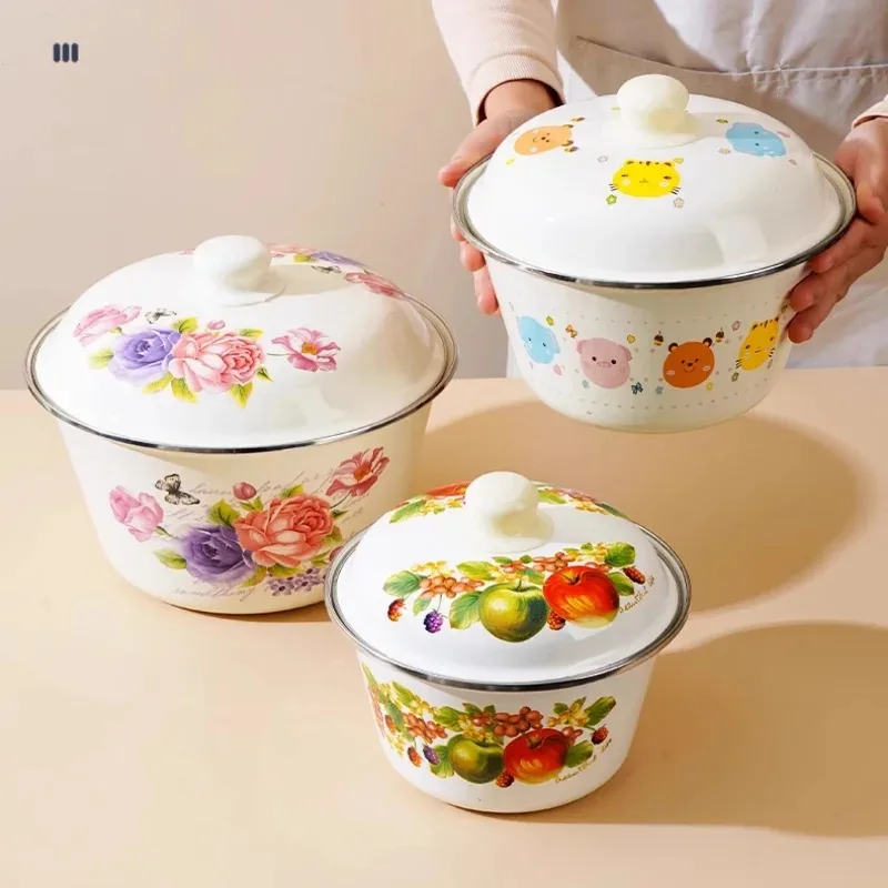Enamel Pig Oil Tank Household Enamel Basin Bowl Thickened with Lid Food Bowls Old-fashioned Meat Oil Tank Kitchen Filling Basins