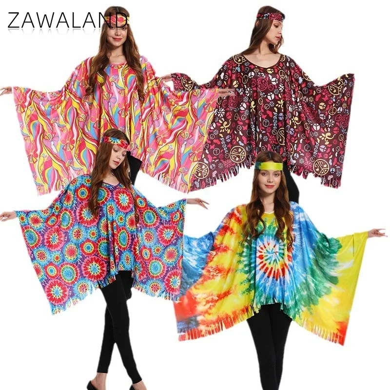 

Hippie Retro Cosplay Cloak Colorful Tie-dye Printed Casual Cape Woman Stage Performance Wear Carnival Party Cloak with Headwear