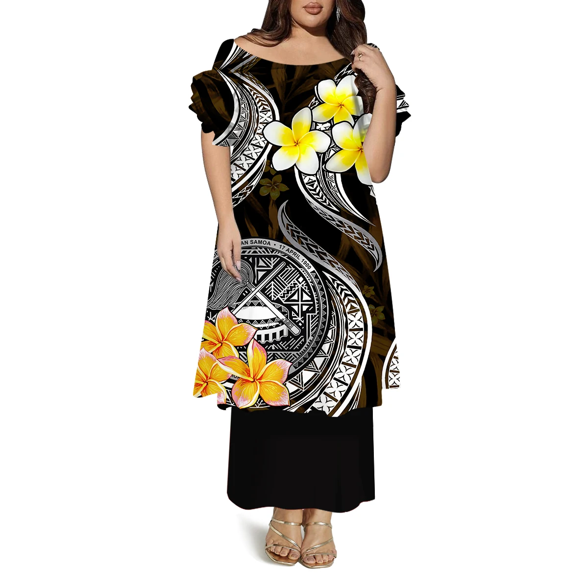 Polinésia senhoras moda em torno do pescoço manga borboleta verão vestido solto casual personalizado vestido de dupla camada padrão