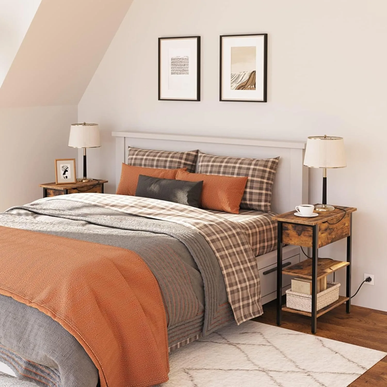 

Узкий приставной столик коричневого цвета в деревенском стиле — компактная открытая полка для хранения вещей для спальни и гостиной