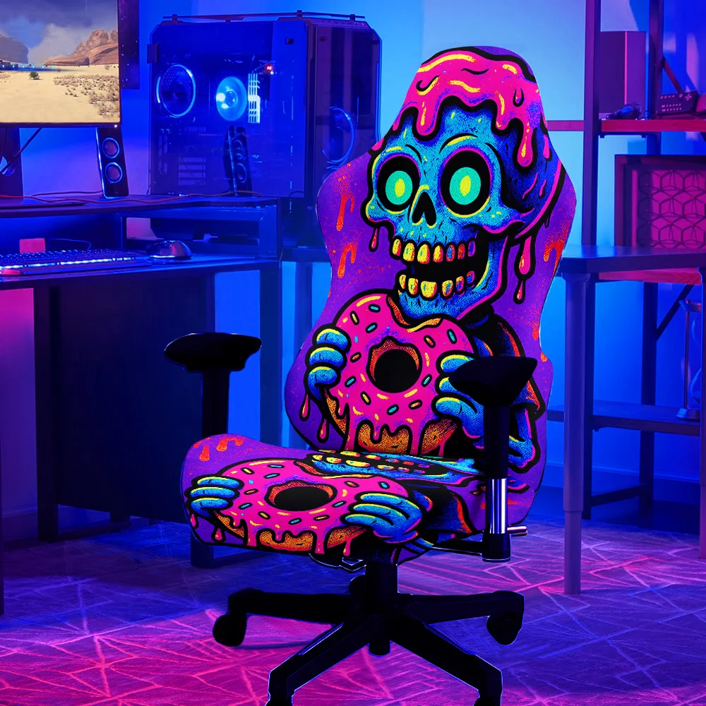 1Set Skeleton Eating Doughnuts Pattern Gaming Chair Covers UV Blacklight Reactive Glowing Game Chair Cover Elastic Milk Fabric