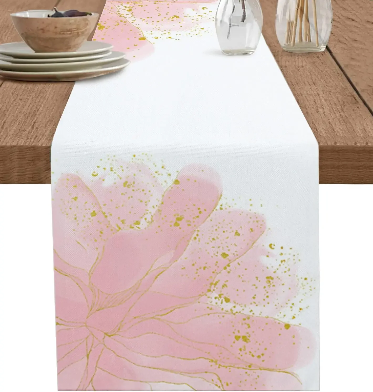 Pink Botanical Linen Table Runners Watercolor Pink Yellow Abstract Art Coffee Table Runner for Wedding Party Dinner Table Decor