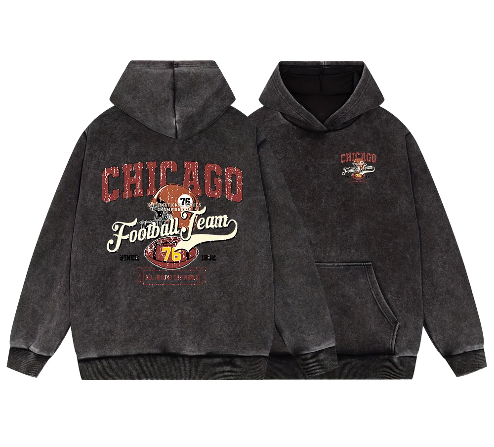 Chicago Rugby Club Mens Vintage Washed Cotton Sweatshirt Casual Loose Fashion Pullover Hoodie Simple Fur-Liner