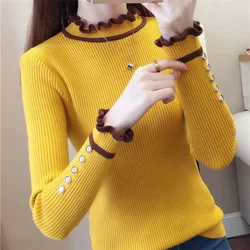 2023 New Vintage Pull Femme Stand Neck Fungus Edge Contrast Color Patchwork Jumpers Long Sleeve Chic Buttons Sweater