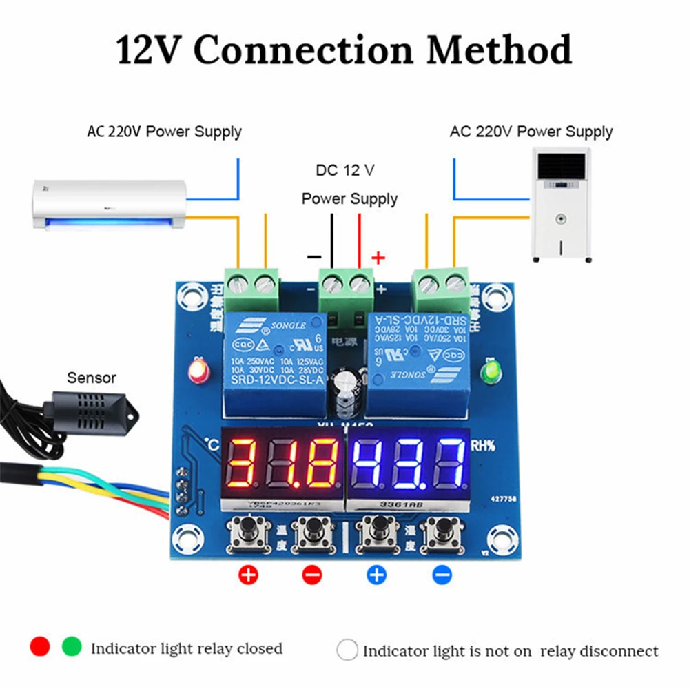 XH-M452 High Precision DC 12V 10A Digital LED Dual Output Temperature and Humidity Controller Module with SHT20 Sensor