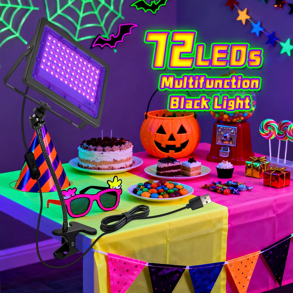 72個のledブラックライト、クリップ付き、usb電源、ハロウィン、ラマダン、結婚式、暗闇で光るステージ装飾用