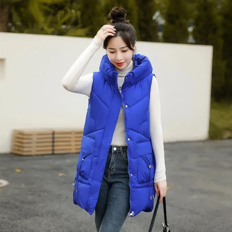 

New Women Sleeveless Vest Long Down Jacket Solid Korea Hooded Padded Vests Loose Female Waistcoat 2023 Ladies Casual Winter Coat