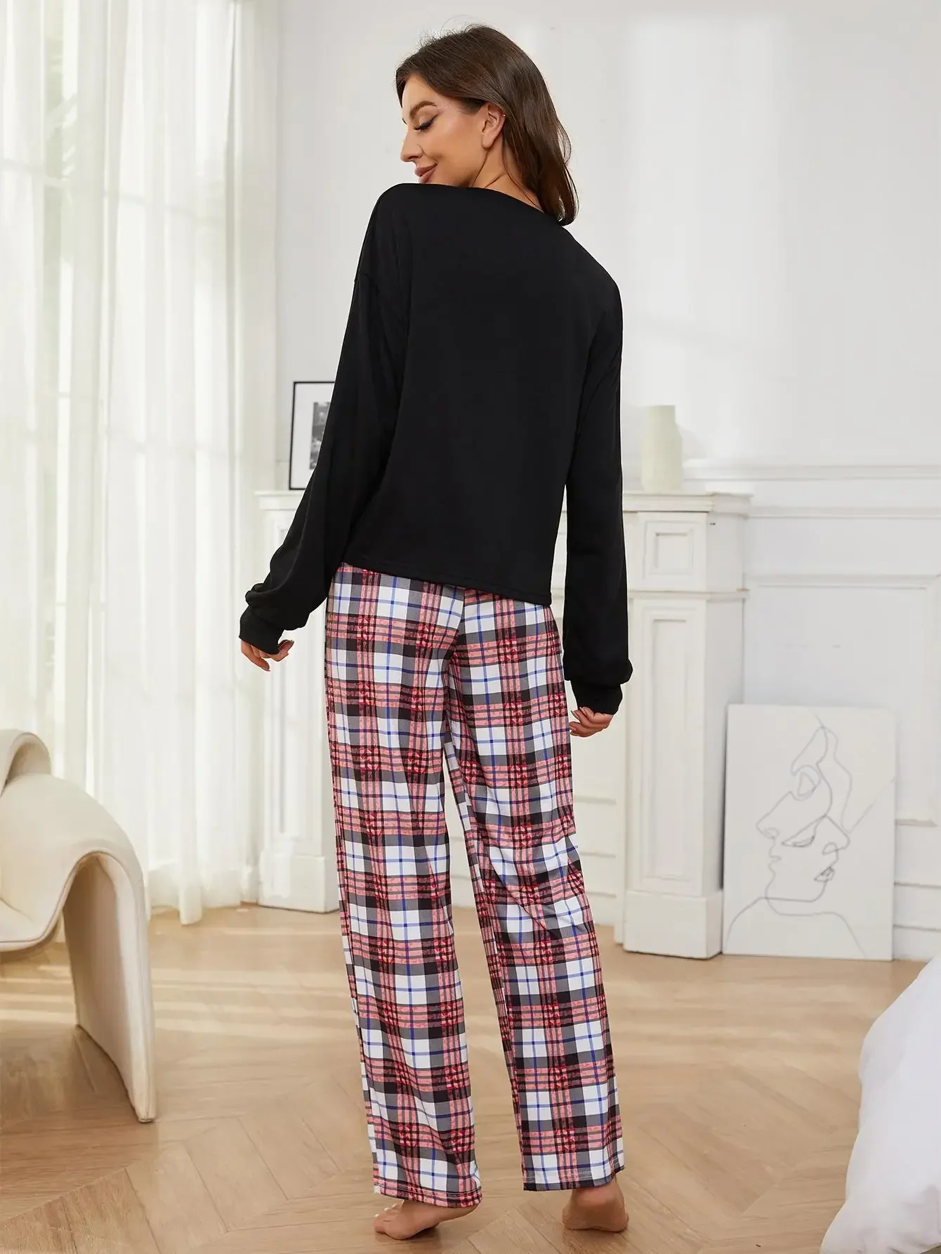 Women Pajama Set Long Sleeves Screw Neck Top & Plaid Full-Length Pants Fall Winter Spring Female Sleepwear 2 Piece Nightwear