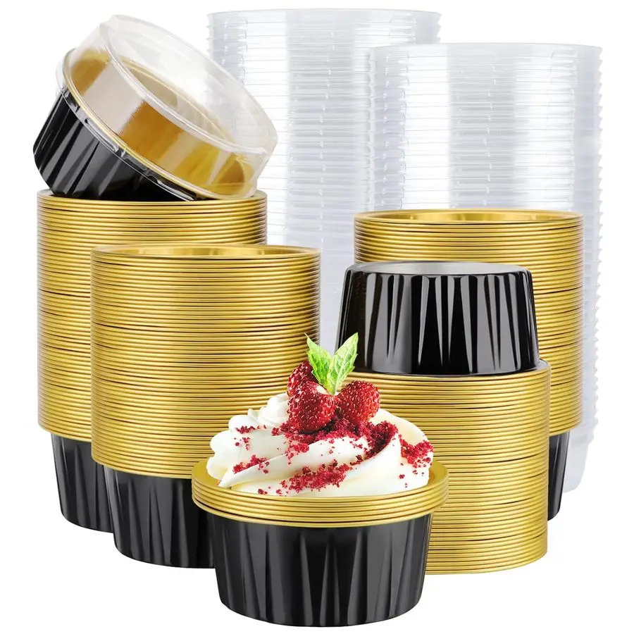 

Cupcake Liners, 200pcs 5oz Muffin Cups with Lids for Baking, Mini Disposable Aluminum Foil Ramekins Mold, Cute Cake Creme Brulee