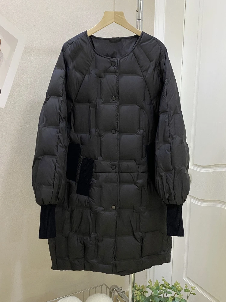 

Autumn Winter New Clothes Women Fashion Long Round Collar White Duck Down Coat Female Knitted Sleeves Loose Puffer Jacket