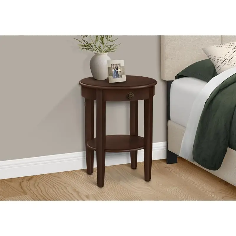 Round 2-Tier Accent Side Table, Nightstand, Brown Veneer, Transitional Design for Bedroom & Living Room