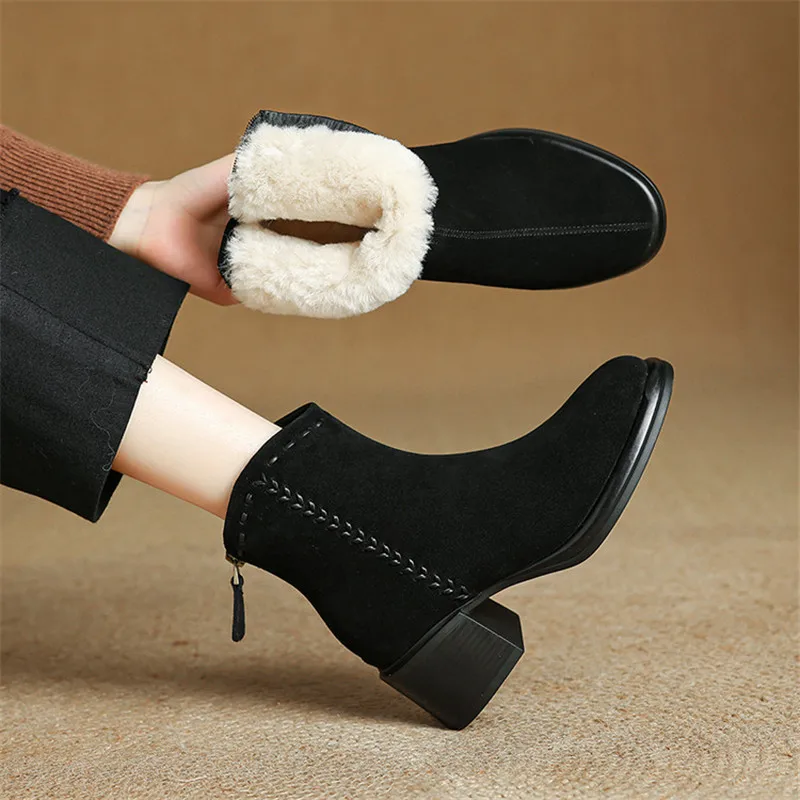 

New Autumn Winter Cow Suede Women Boots Round Toe Boots for Women Fashion Versatile High Heels Warm Wool Snow Boots Handmade