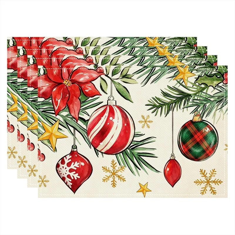 VIKAMA Linen Placemats Merry Christmas Reindeer Burgundy Cream, Stain Resistant Easy to Clean, Dining Table