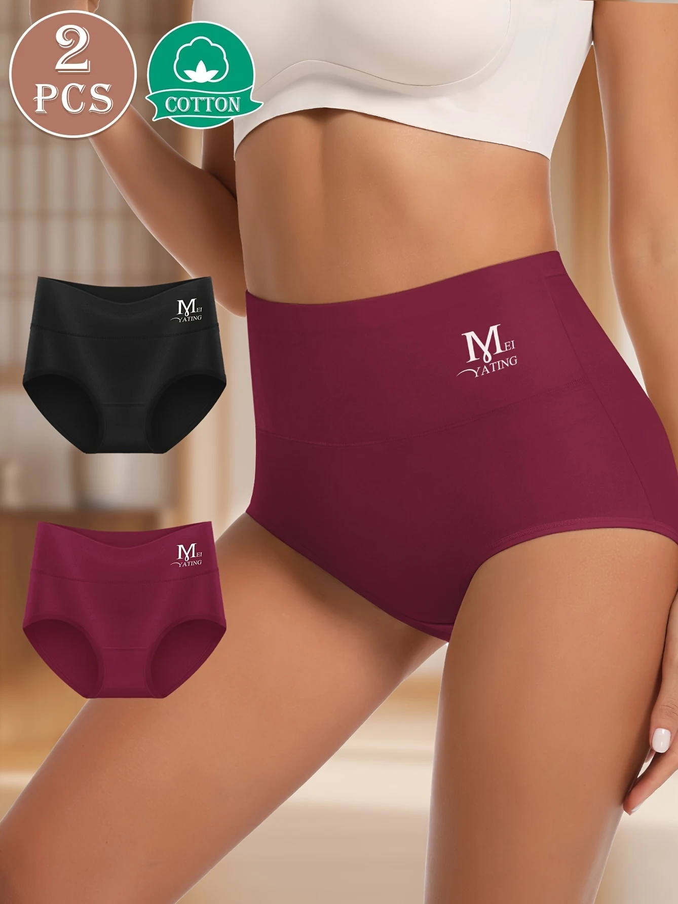 2 pezzi MIOTAN Slip a vita alta da donna - Intimo in cotone a vita media con controllo della pancia, mutandine morbide e traspiranti per tutti i giorni (nero e