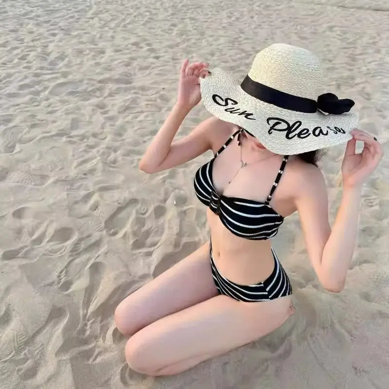 

2026 New Women's 3 Piece Striped Bikini Set European Style Swimsuit Sexy Push Up Beachwear For Small Bust Summer Holiday