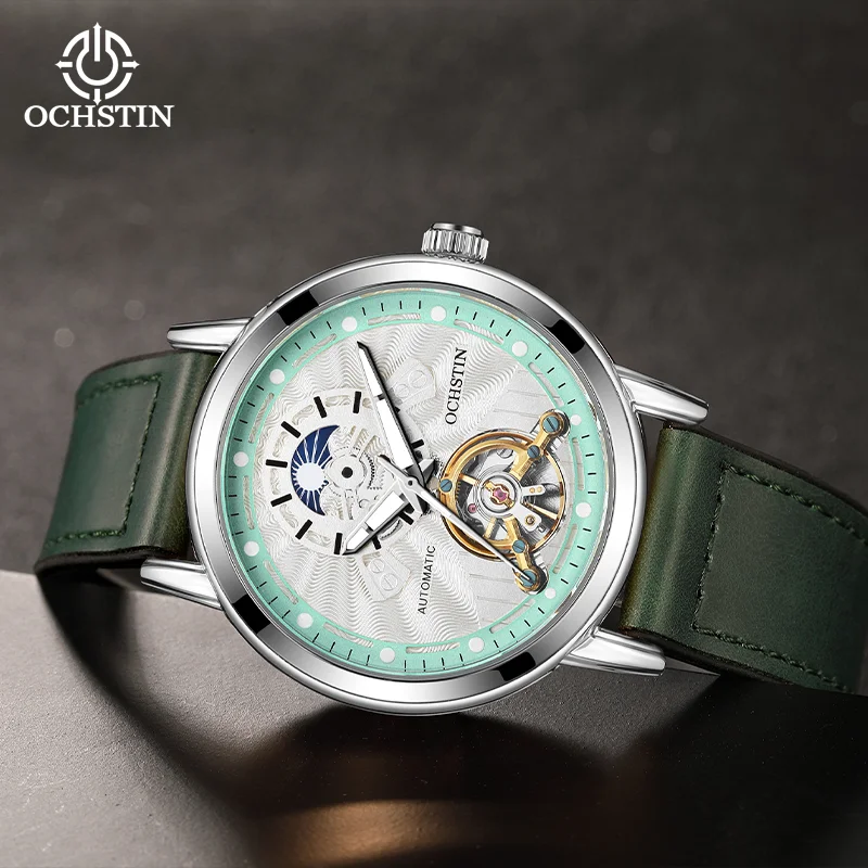 OCHSTIN メンズ スケルトン機械式ムーブメント腕時計 レザーラップラバーストラップウォッチ 男性用フライングトゥールビヨン高級時計