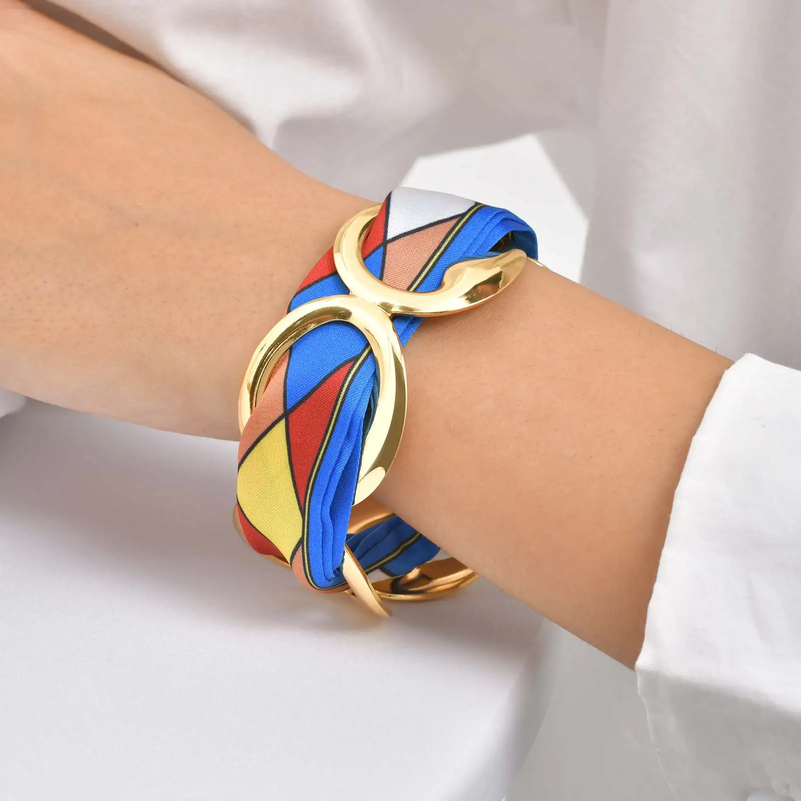 الفاخرة مقلد الحرير المطبوعة وشاح حريري الكفة سوار للنساء، الفولاذ المقاوم للصدأ الجوف المفتوحة الكفة الأساور، خمر مجوهرات هدية #5