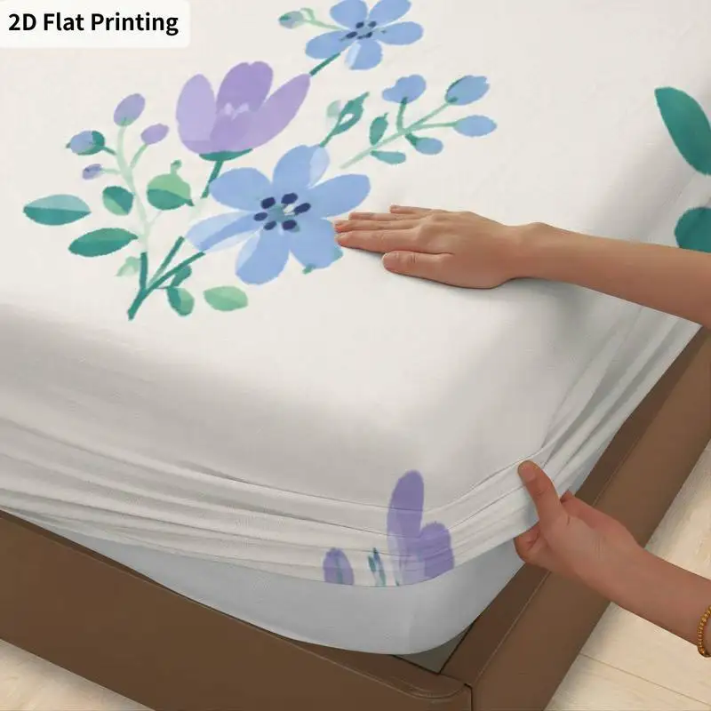 3Pcs Floralbluepurple Fitted Sheet Three Piece Set (1*Fitted Sheet + 2*Pillowcases, Coreless), Bedding Set.