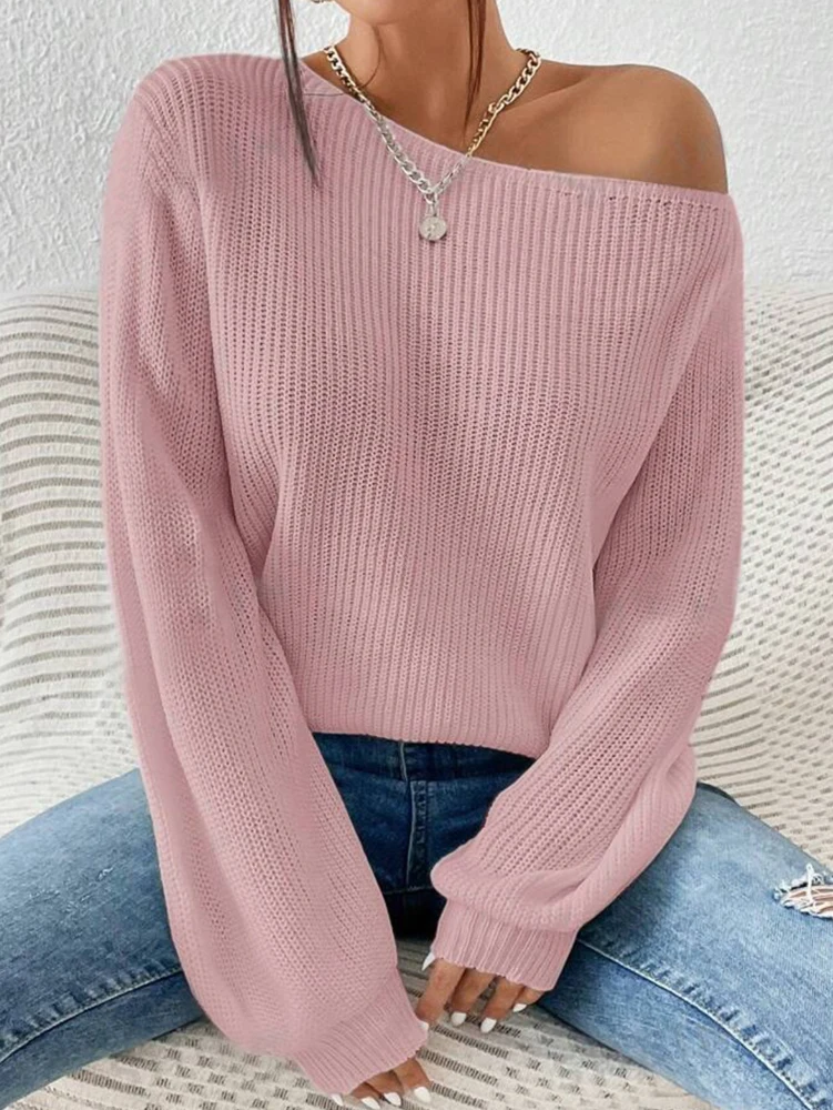 Off the Shoulder Knit Sweater Women New 2024 Casual Clothes Long Sleeve Boat Neck Autumn Winter Basic Loose Oversize Sweaters