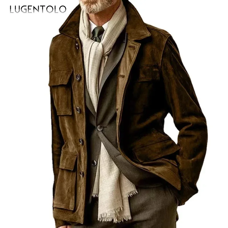 Men Casual Jacket Fall-Winter 2024 Vintage Suede Thermal Trench Coat Fashion Lapel Multi-pocket Single-breasted Classic Clothing