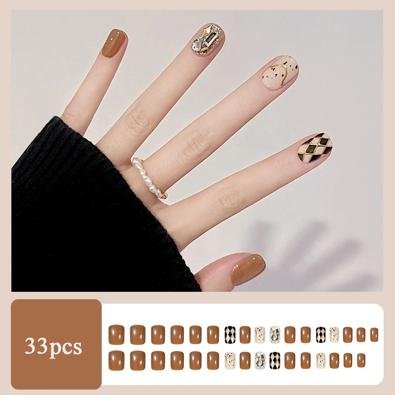 

33Pcs White Black Plaid Press on Nail Patch Sweet Removable Fake Nails Manicure Full Cover False Nails 2024 Autumn Fashion New