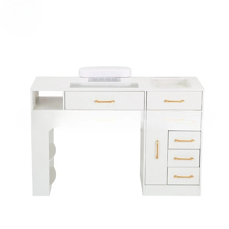 

Белый простой маникюрный стол, легко собираемый, с бесшумным выдвижным ящиком, пылесосом и подставкой для рук.