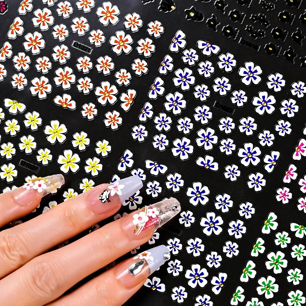 30pcs 5D Retro Five-petaled Flowers PET Nail Art Stickers Floral Golden Rhinestone Adhesive DIY Decals Fashion Phone Nail Decors