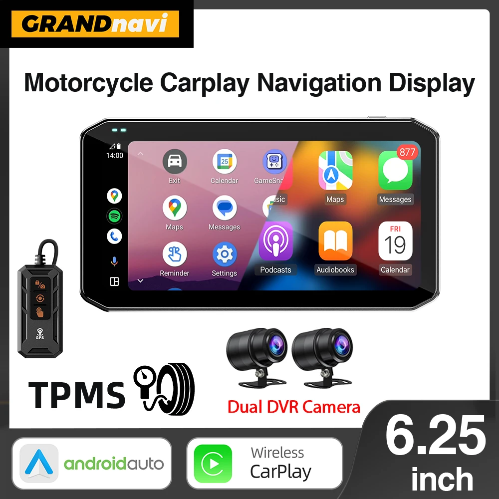 

6.25 inch Motorcycle Navigation Waterproof IP67 Carplay Display Screen Portable TPMS Dual DVR Wireless CarPlay Android Auto