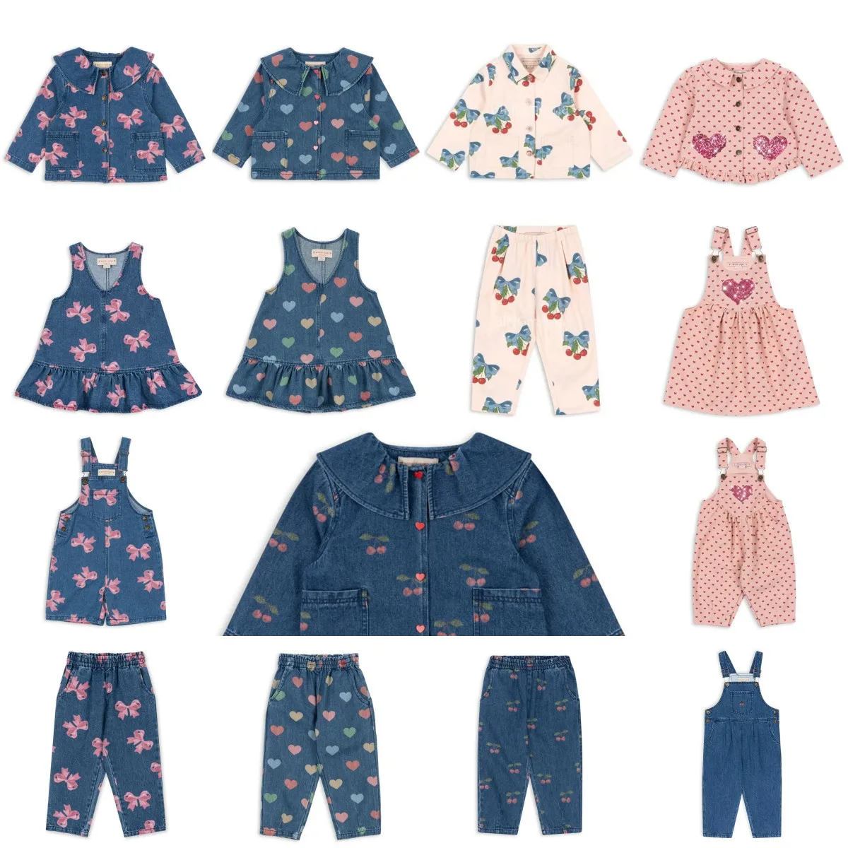 

25 Autumn New Girl Clothes Cute Cherry Love Denim Suit Jacket Coat Vest Dress Overalls Jeans Children's Outwear