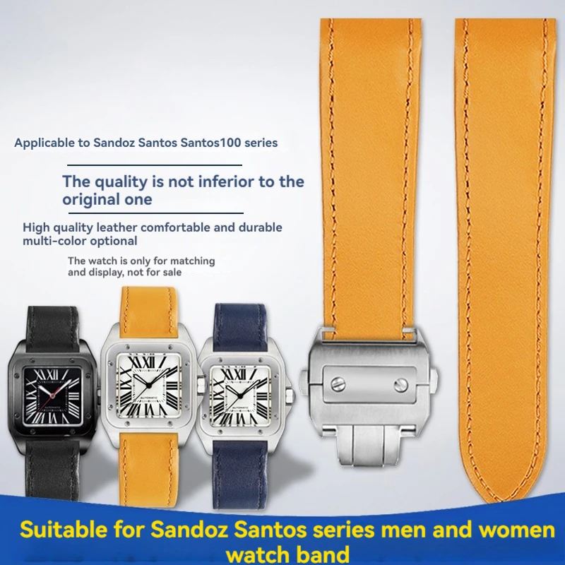 For Cartier Sandoz Santos100 Series Men's Straps Folding buckle Genuine Lea-ther Watch Band 23mm cowhide Watch accessories