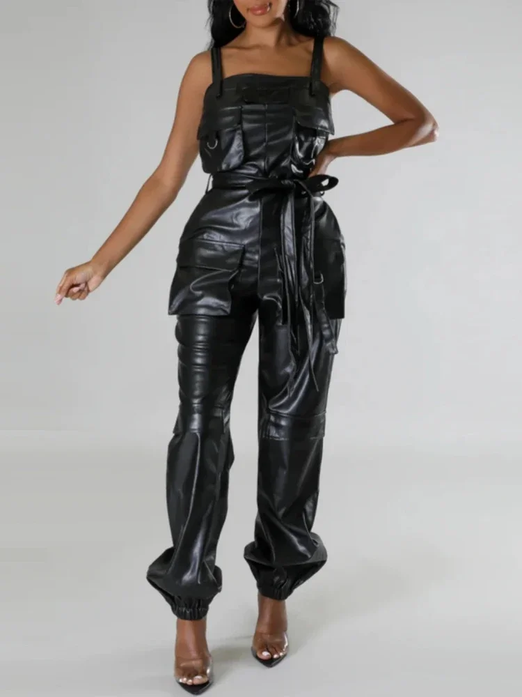 Black Matte Leather Cargo Pants Jumpsuit Women Stretch PU Rompers with Pocket Belt Ladies Chic Sleeveless Jumpsuits Party Custom