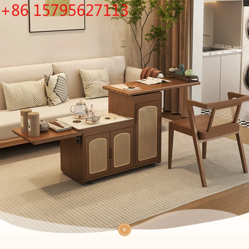 

Мобильный вращающийся чайный столик в новом китайском стиле с каменной столешницей и основанием из массива дерева, многофункциональный, для приготовления чая, для балкона